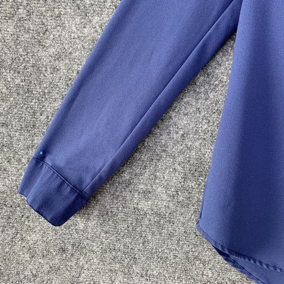 Mine Pullover Blouse Sz S Button Flyaway Back Blue Long Tab Roll Sleeves Career - Picture 4 of 12